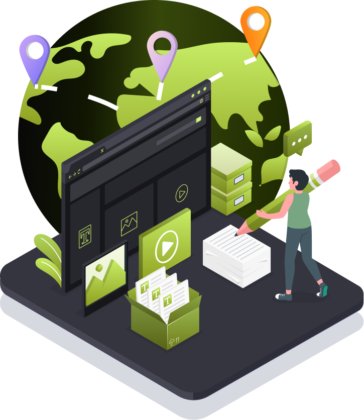 Graphic of IP Location JSON Software featuring globe and data tools