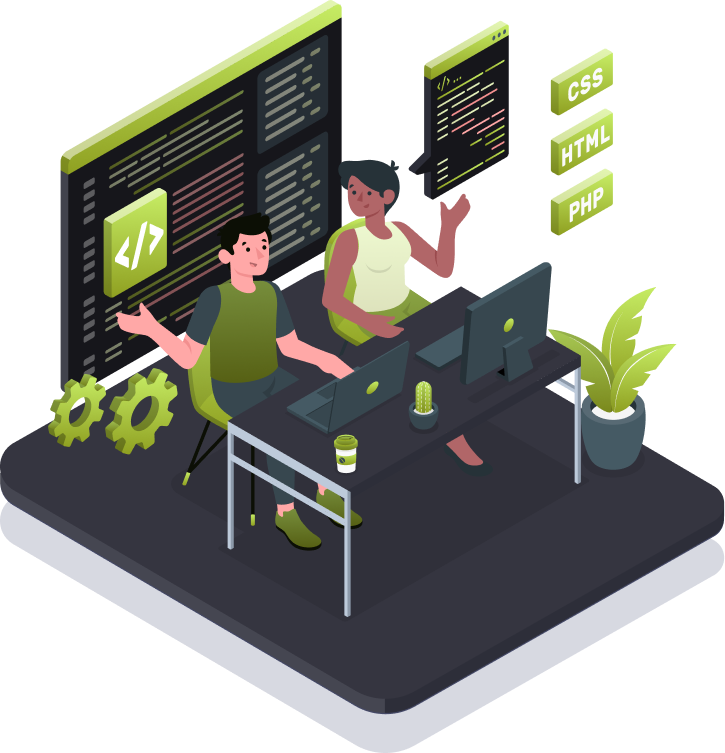 Graphic of PHP IP Geolocation Software with developers discussing code