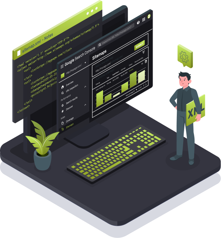 Graphic of a developer working on XML Geolocation functionality